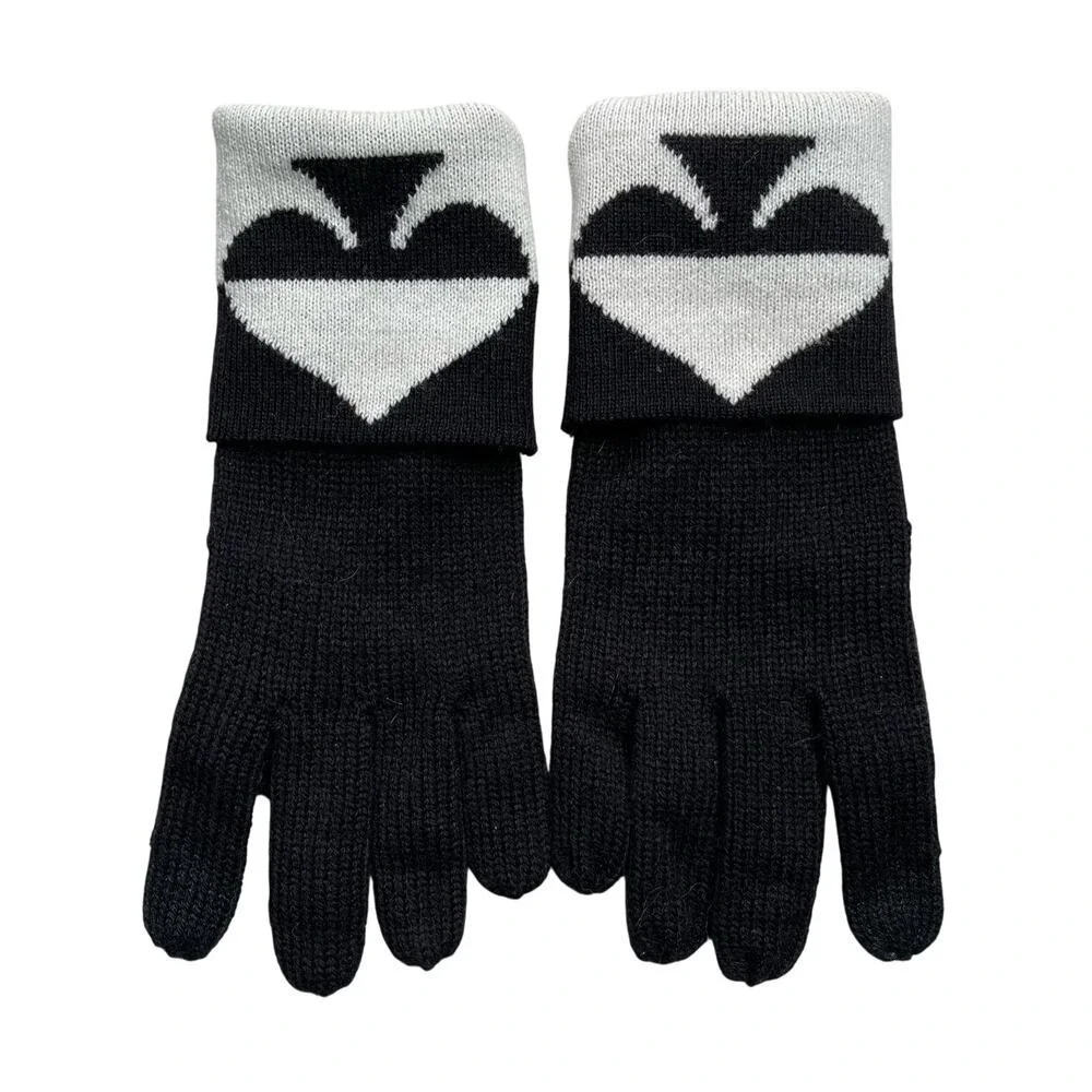 Kate Spade New York Beanie Hat +‎ Gloves Black White Oversized Spade Wool Blend
